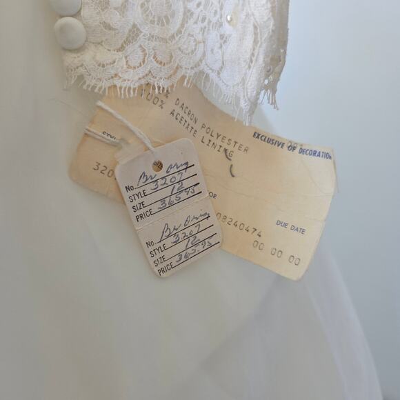 Vintage 60s 70s Wedding Dress Size 12 S M NWT White Lace Train Pleats Chiffon - Picture 9 of 16